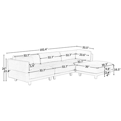 Canapé sectionnel en L beige 102,4 en polyester avec repose-pieds réversible, coussins épais et pieds en plastique résistants