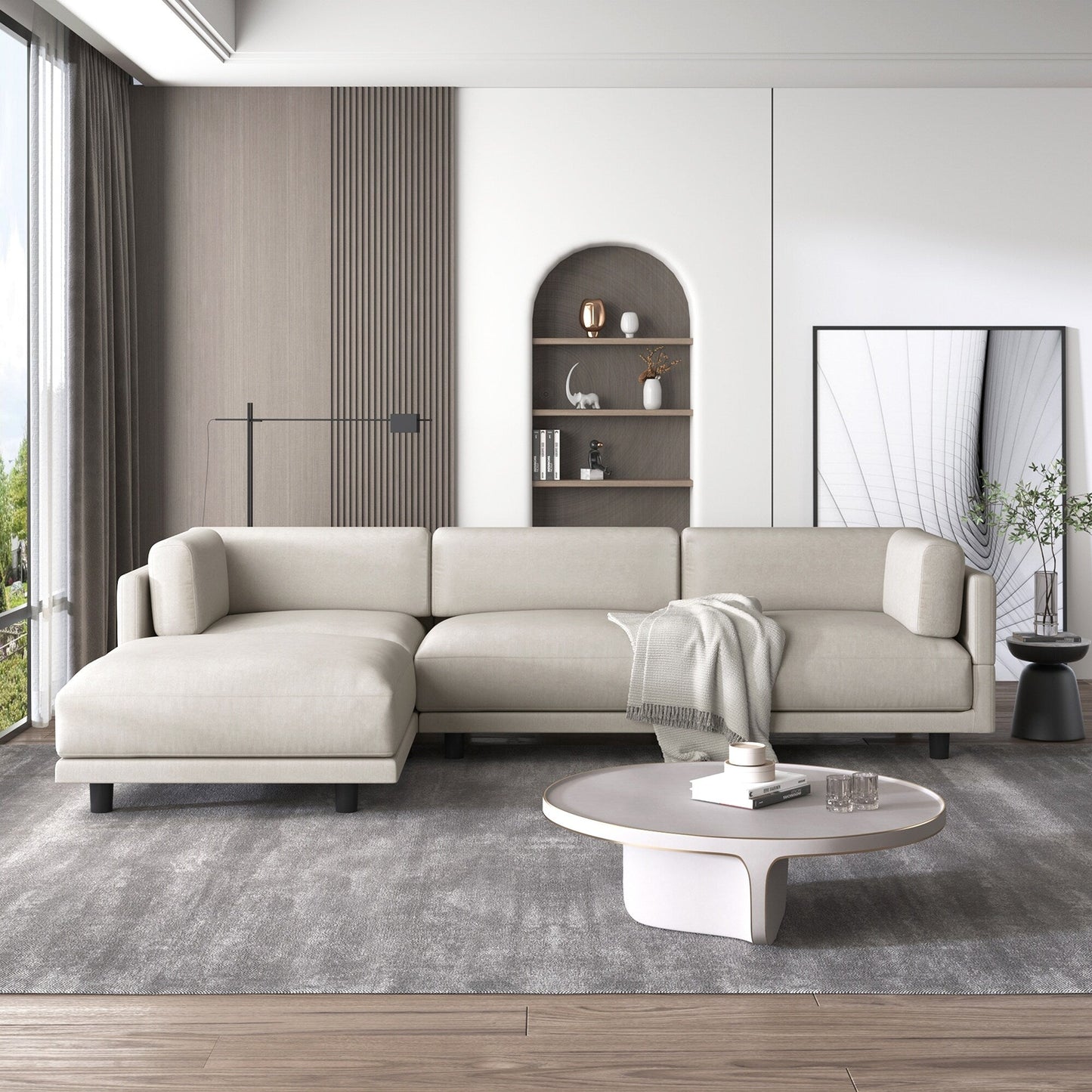Canapé sectionnel beige en polyester en forme de L de 102,4 po avec repose-pieds réversible, coussins épais et pieds en plastique résistants