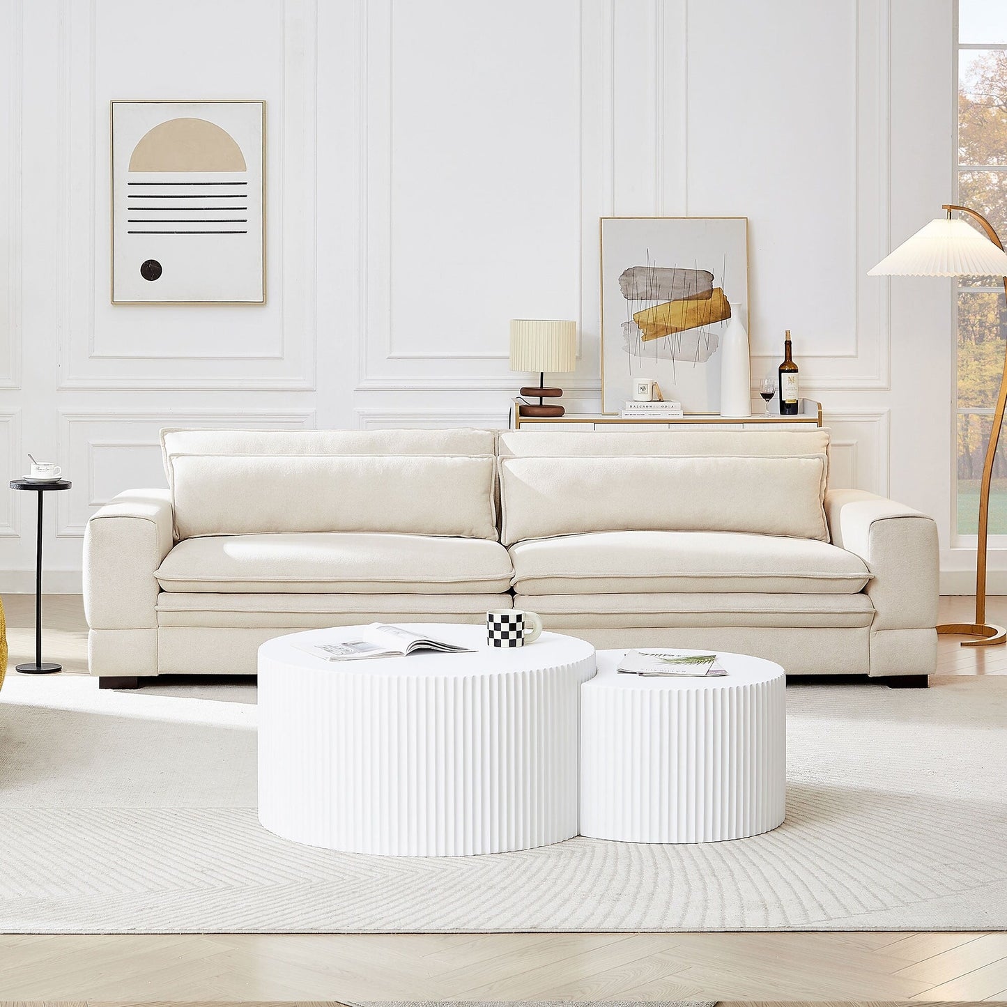 Canapé 4 places moderne en tissu beige 104.72 avec dossier coussiné, pieds en bois massif et cadre robuste pour le salon
