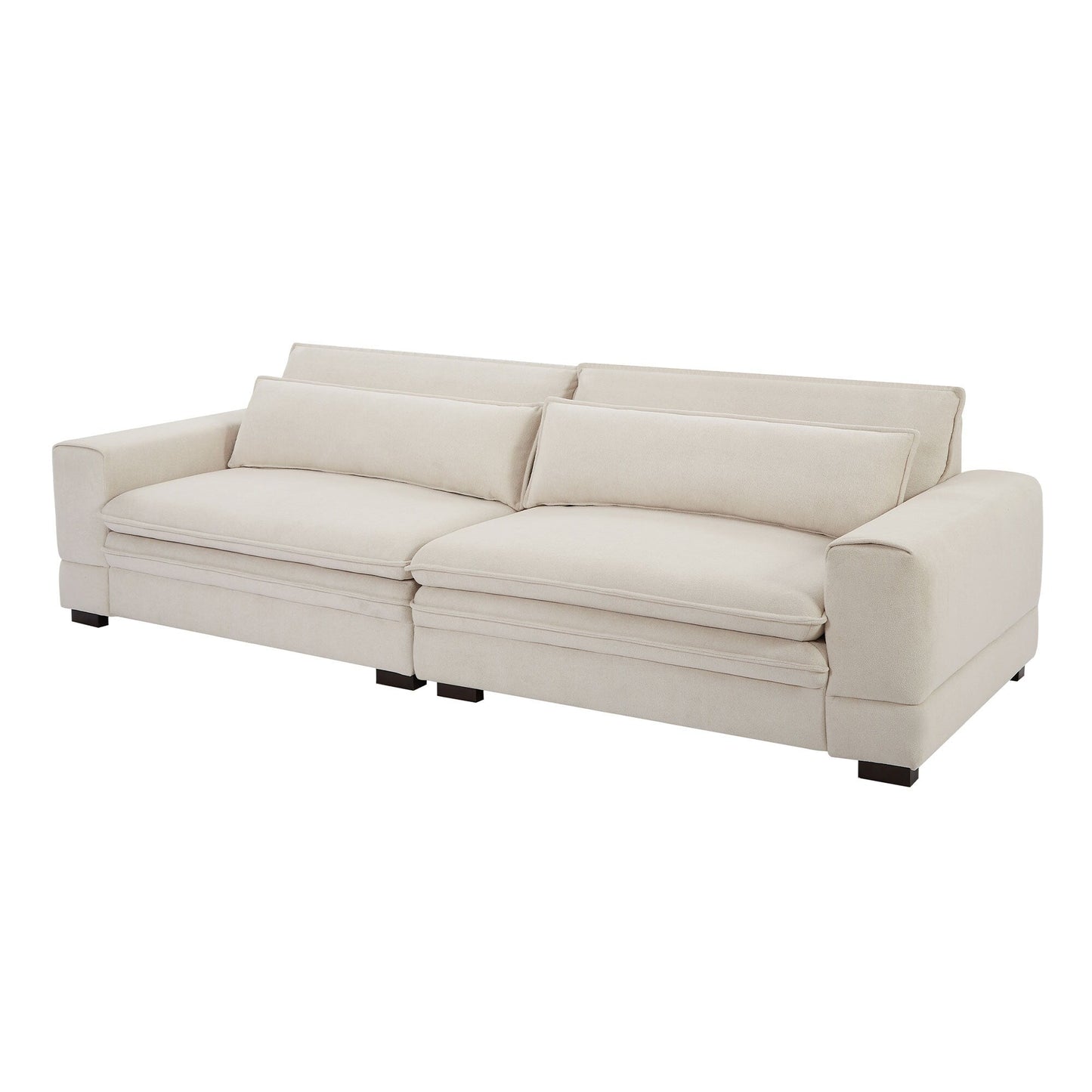 Canapé 4 places moderne en tissu beige 104.72 avec dossier coussiné, pieds en bois massif et cadre robuste pour le salon