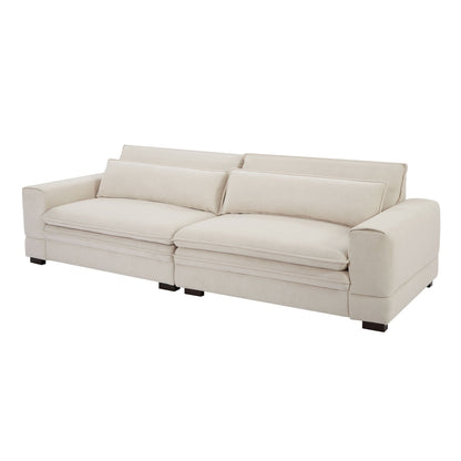 Canapé 4 places moderne en tissu beige 104.72 avec dossier coussiné, pieds en bois massif et cadre robuste pour le salon