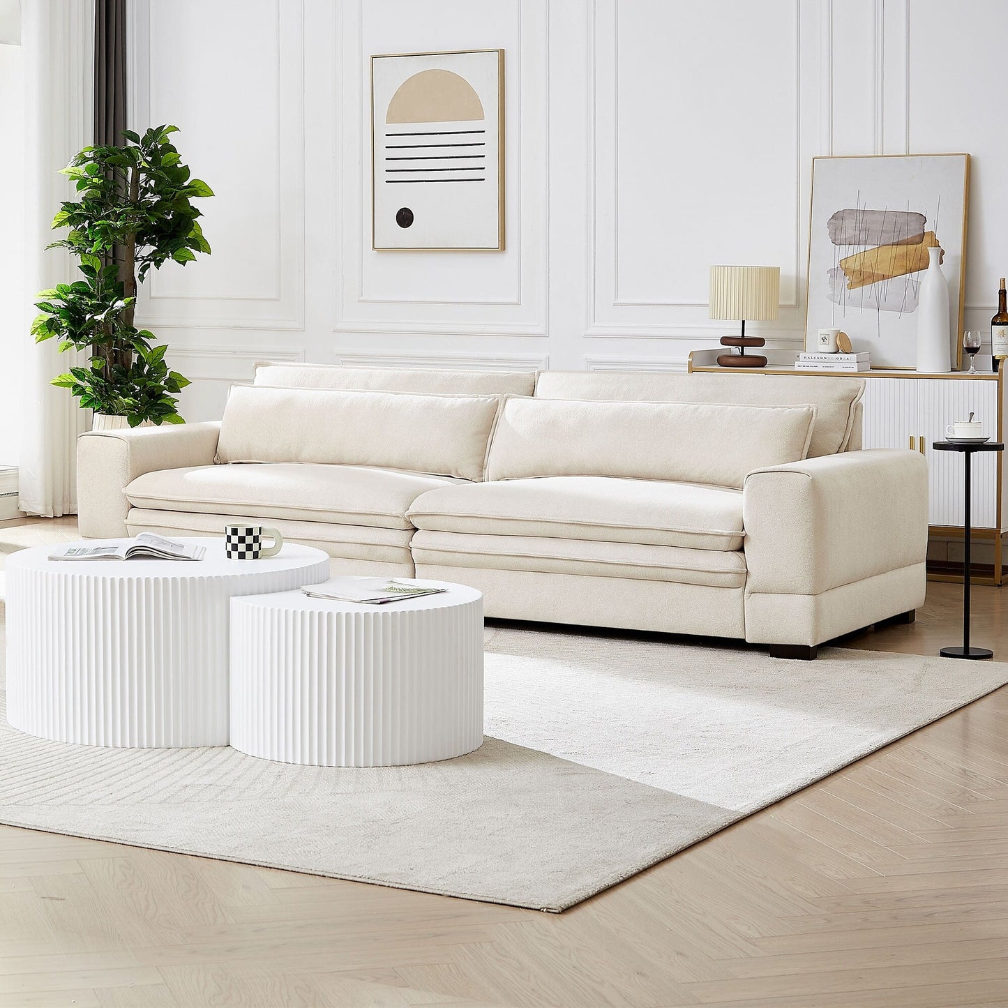 Canapé 4 places en tissu beige 104.72 moderne avec dossier coussiné, pieds en bois massif, structure robuste, pour salon