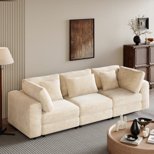 Canapé 3 places en velours côtelé beige 105 avec coussins de dossier amovibles et 5 oreillers pour le salon