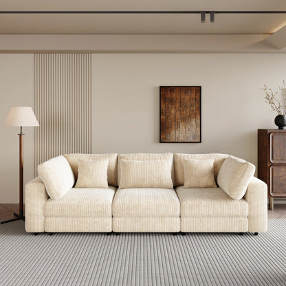 Canapé 3 places en velours côtelé beige 105 avec coussins de dossier amovibles et 5 oreillers pour le salon