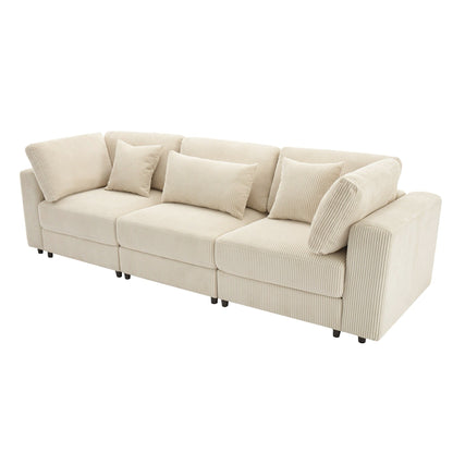 Canapé 3 places en velours côtelé beige 105 avec coussins de dossier amovibles et 5 oreillers pour le salon