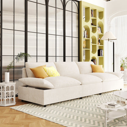 Canapé 3 places beige 119,5" en polyester avec 2 rangements et pieds en bois d'hévéa pour le salon