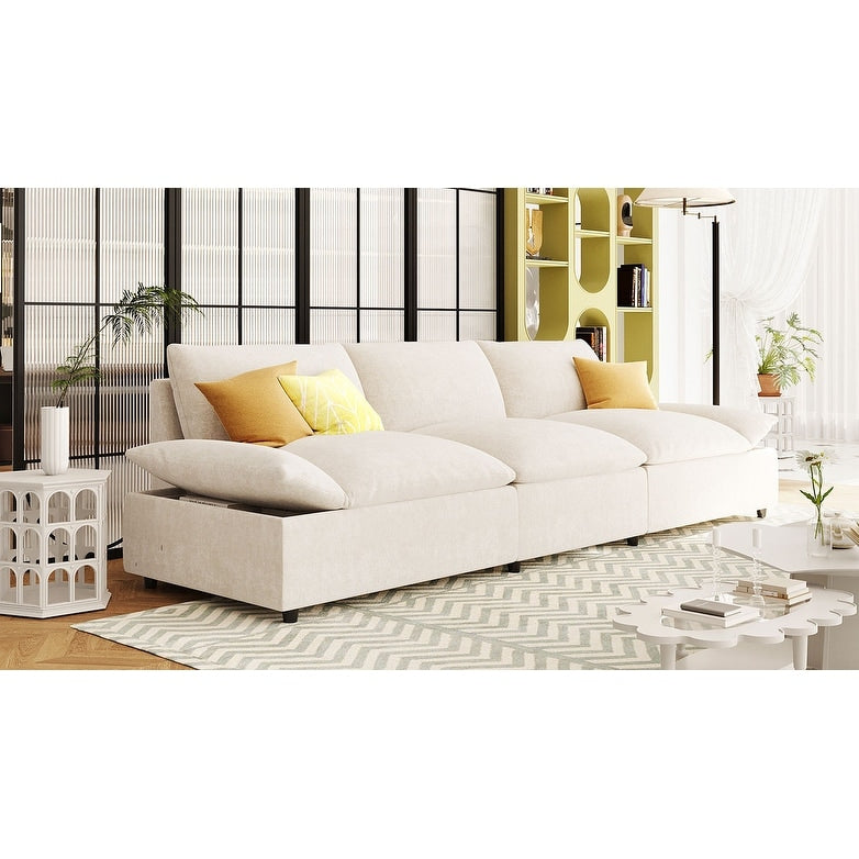 Canapé 3 places beige 119,5" en polyester avec 2 rangements et pieds en bois d'hévéa pour le salon