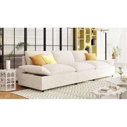 Canapé 3 places beige 119,5" en polyester avec 2 rangements et pieds en bois d'hévéa pour le salon