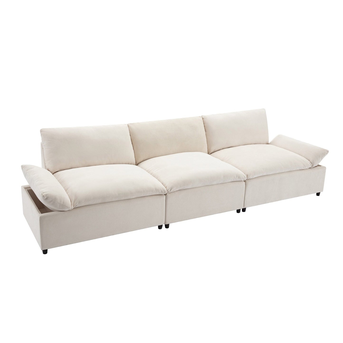 Canapé 3 places beige 119,5" en polyester avec 2 rangements et pieds en bois d'hévéa pour le salon