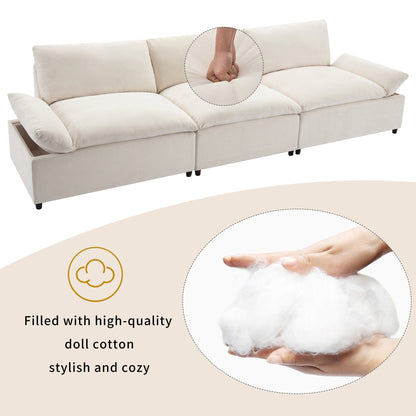 Canapé 3 places beige 119,5" en polyester avec 2 rangements et pieds en bois d'hévéa pour le salon