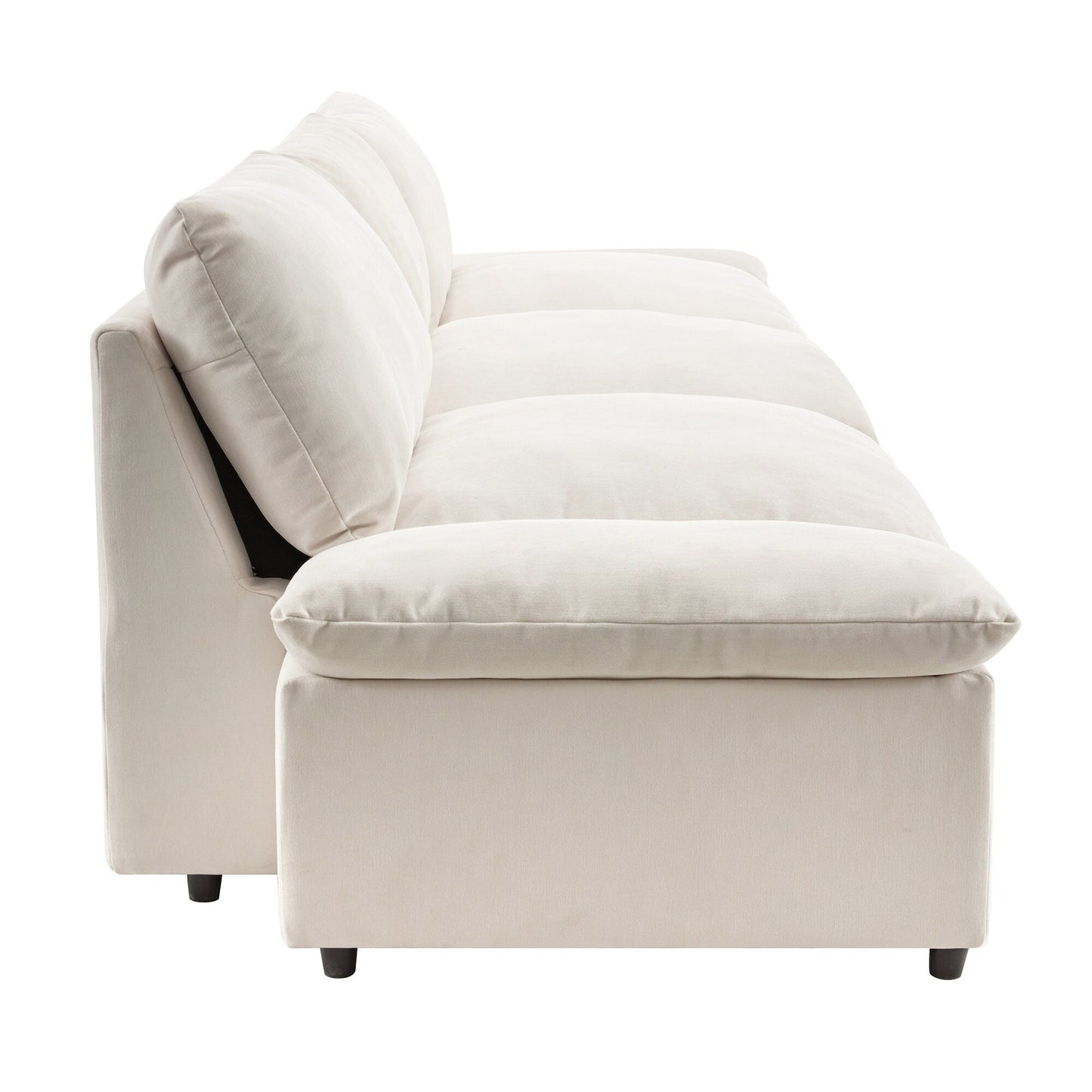 Canapé 3 places beige 119,5" en polyester avec 2 rangements et pieds en bois d'hévéa pour le salon