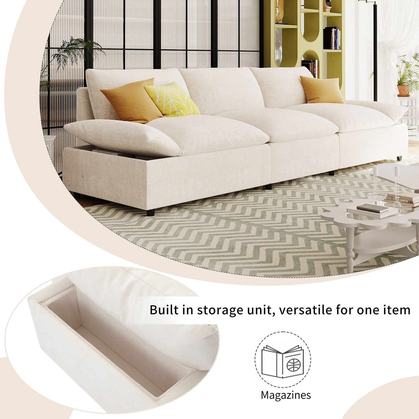 Canapé 3 places beige 119,5" en polyester avec 2 rangements et pieds en bois d'hévéa pour le salon
