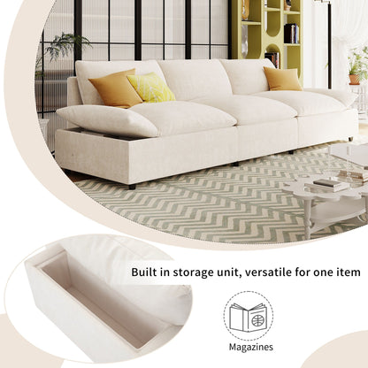 Canapé 3 places beige 119,5" en polyester avec 2 rangements et pieds en bois d'hévéa pour le salon