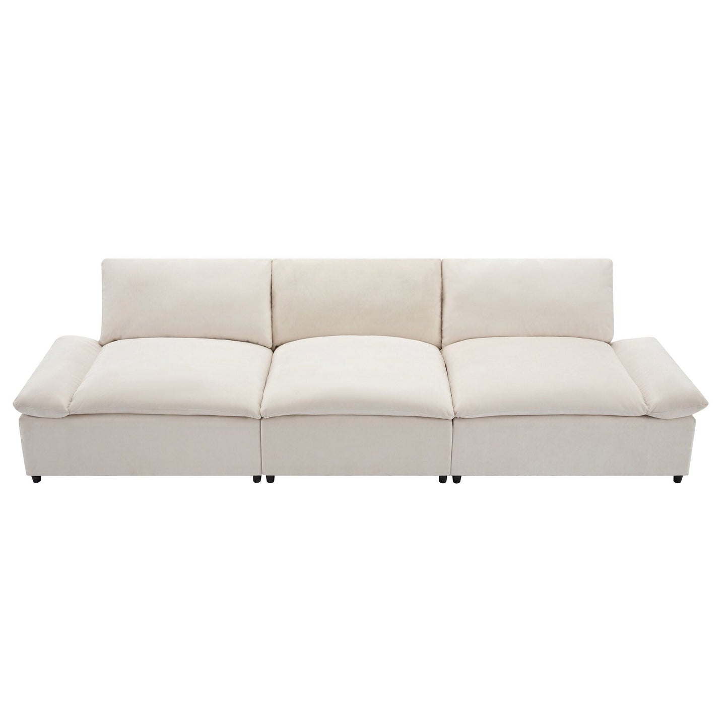 Canapé 3 places beige 119,5" en polyester avec 2 rangements et pieds en bois d'hévéa pour le salon