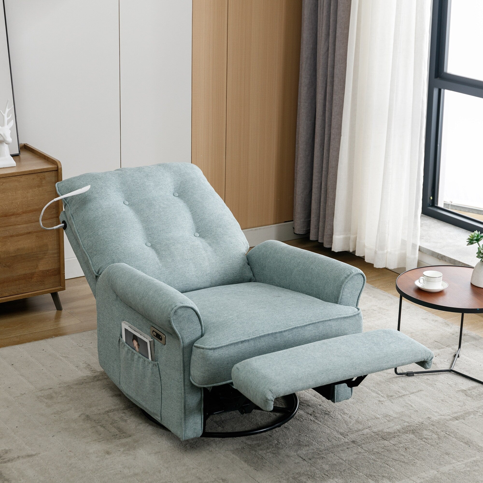 Fauteuil inclinable pivotant à 270° beige avec ports USB, base à bascule, poche latérale et lampe tactile pour un usage domestique