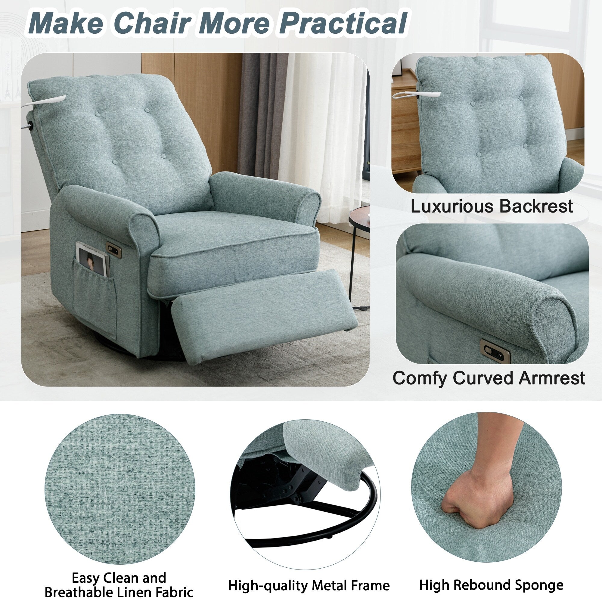 Fauteuil inclinable pivotant à 270° beige avec ports USB, base à bascule, poche latérale et lampe tactile pour un usage domestique