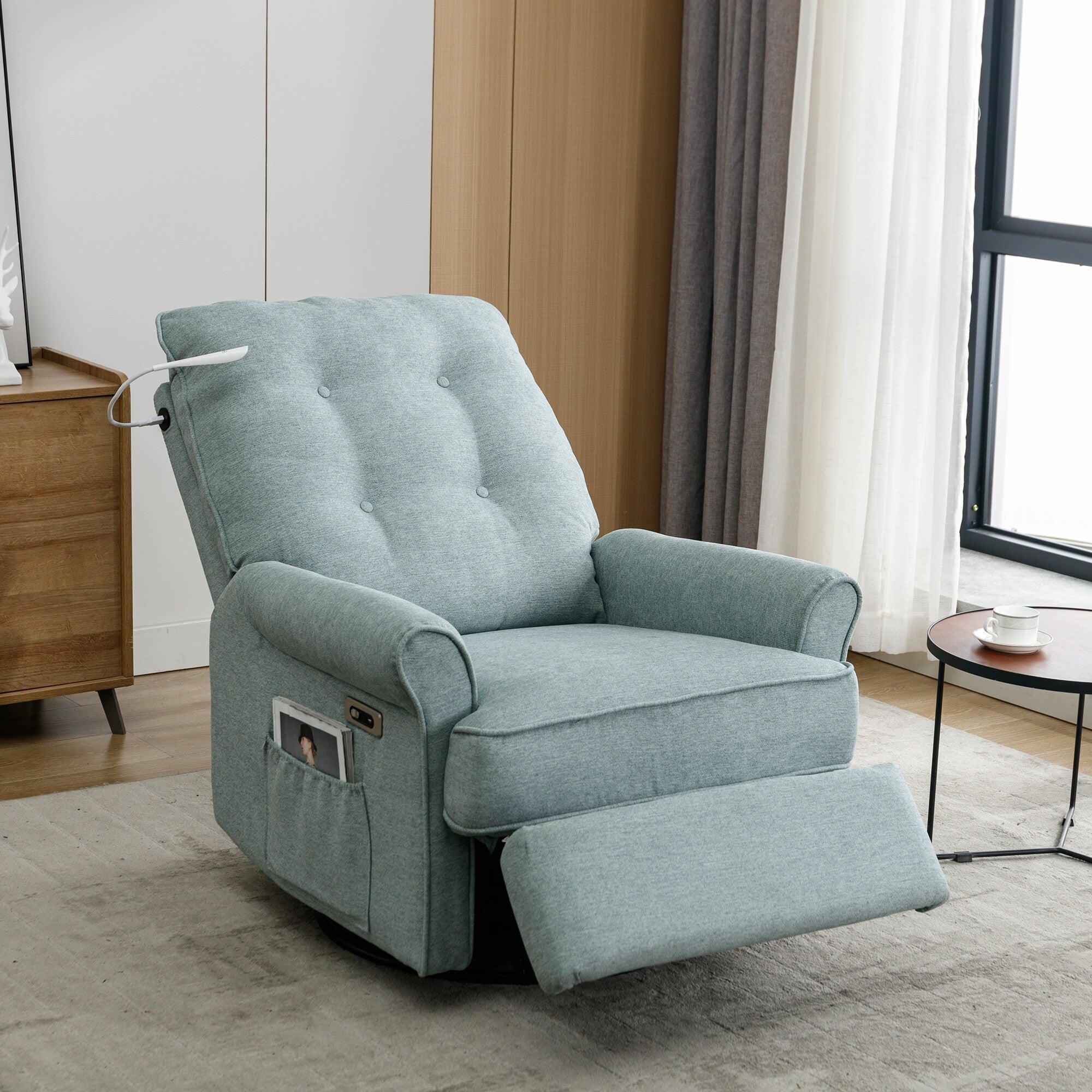 Fauteuil inclinable pivotant à 270° beige avec ports USB, base à bascule, poche latérale et lampe tactile pour un usage domestique
