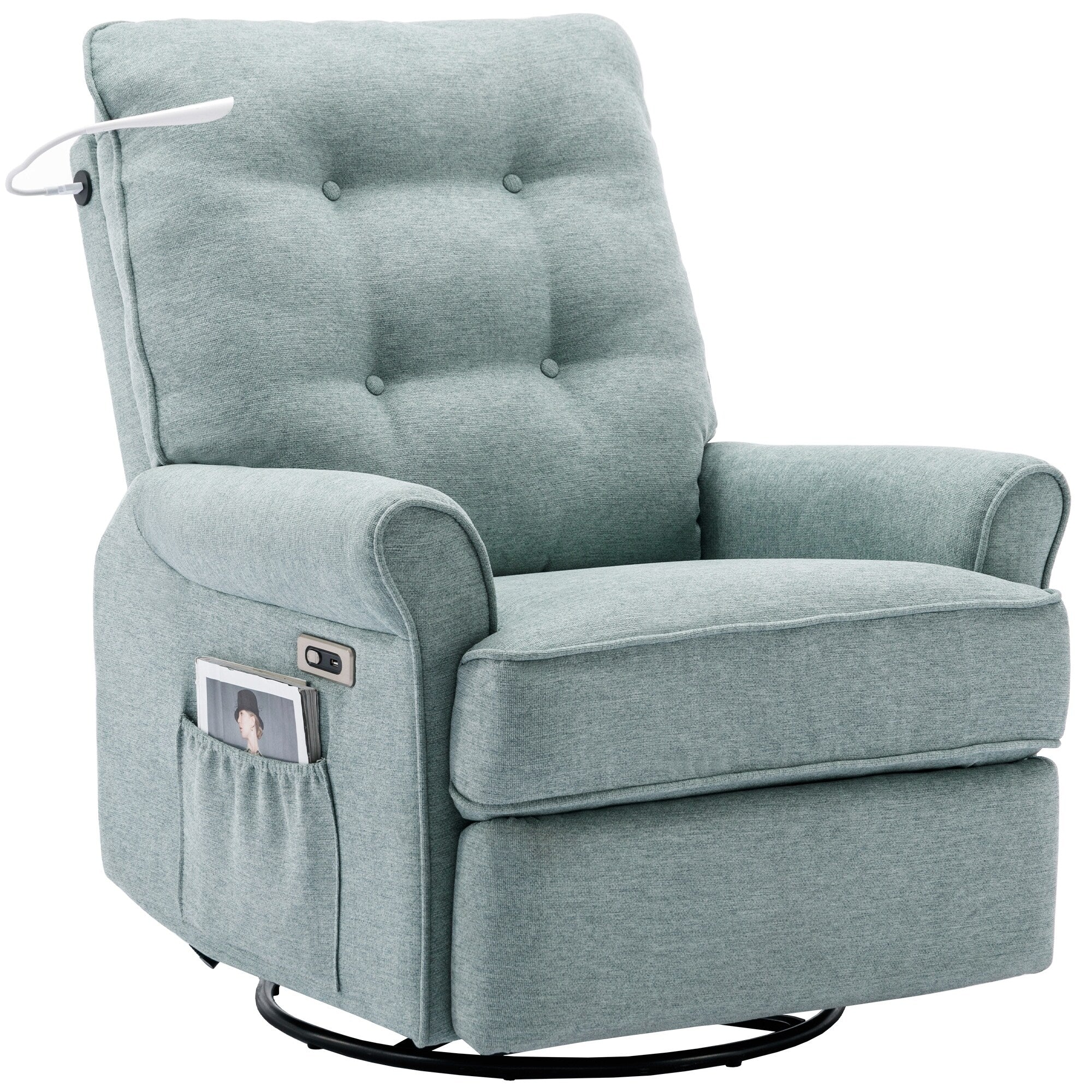 Fauteuil inclinable pivotant à 270° beige avec ports USB, base à bascule, poche latérale et lampe tactile pour un usage domestique