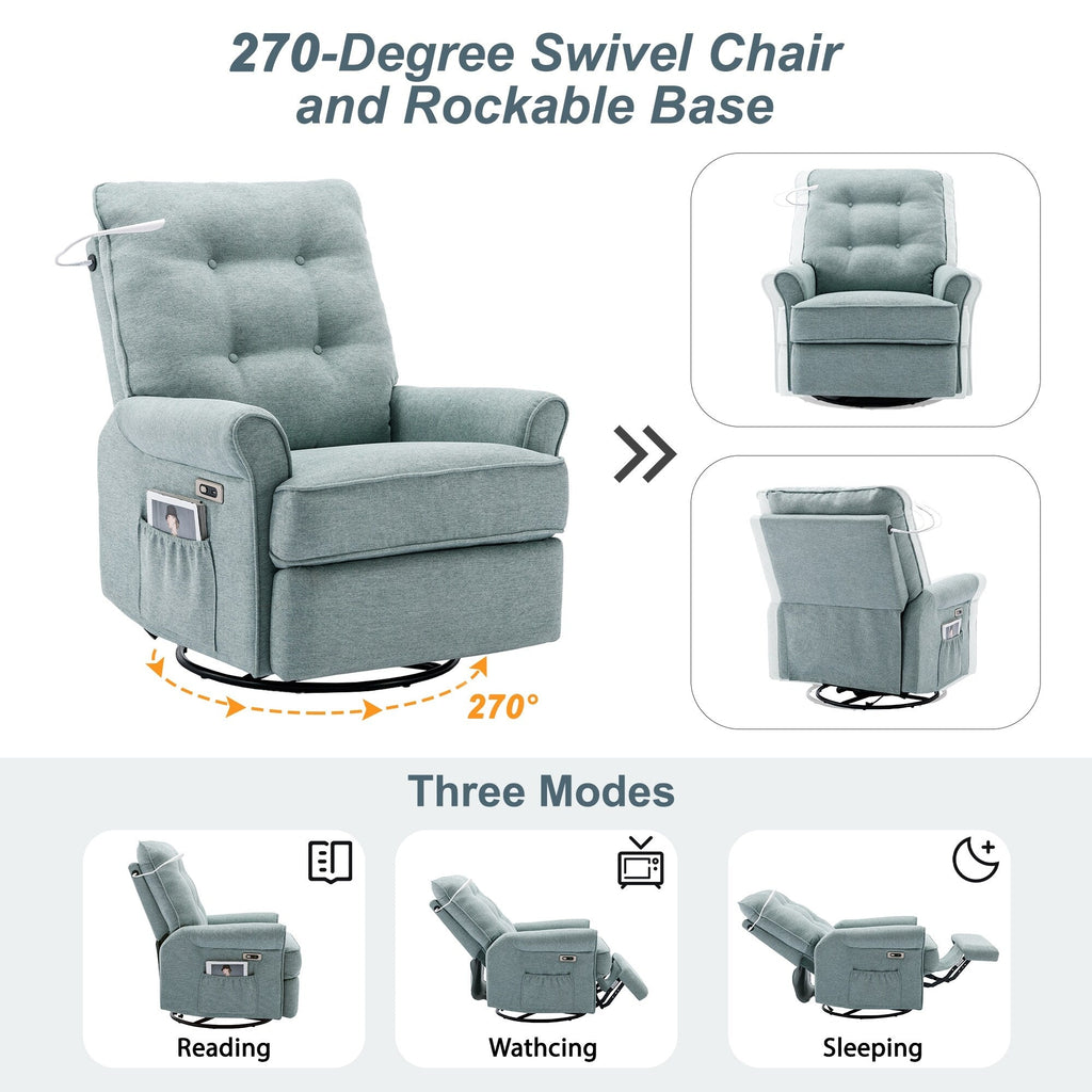 Fauteuil inclinable pivotant à 270° beige avec ports USB, base à bascule, poche latérale et lampe tactile pour un usage domestique