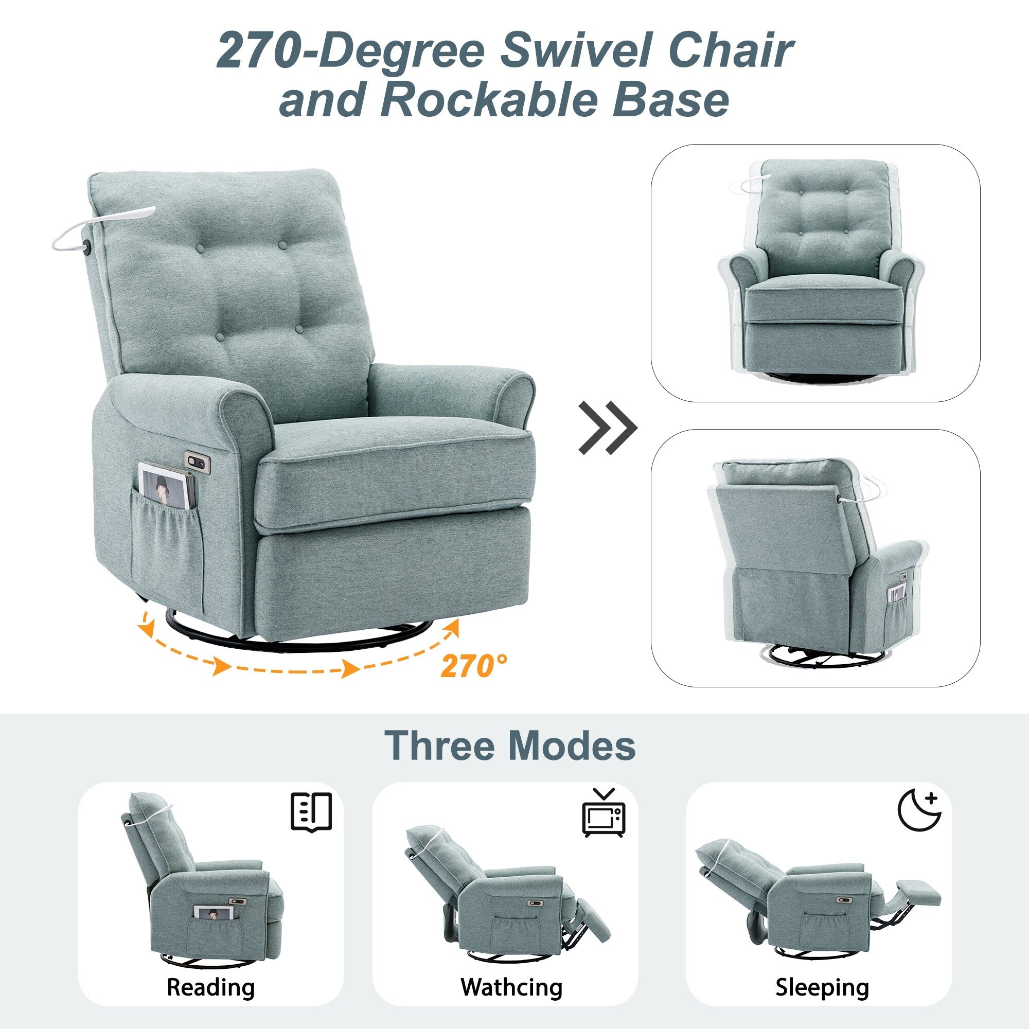 Fauteuil inclinable pivotant à 270° beige avec ports USB, base à bascule, poche latérale et lampe tactile pour un usage domestique
