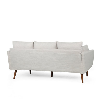 Canapé 3 places beige avec pieds et coussins en bouleau