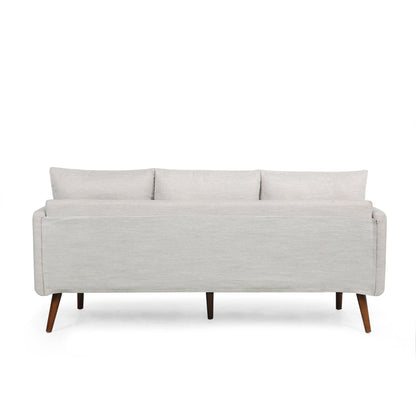 Canapé 3 places beige avec pieds et coussins en bouleau