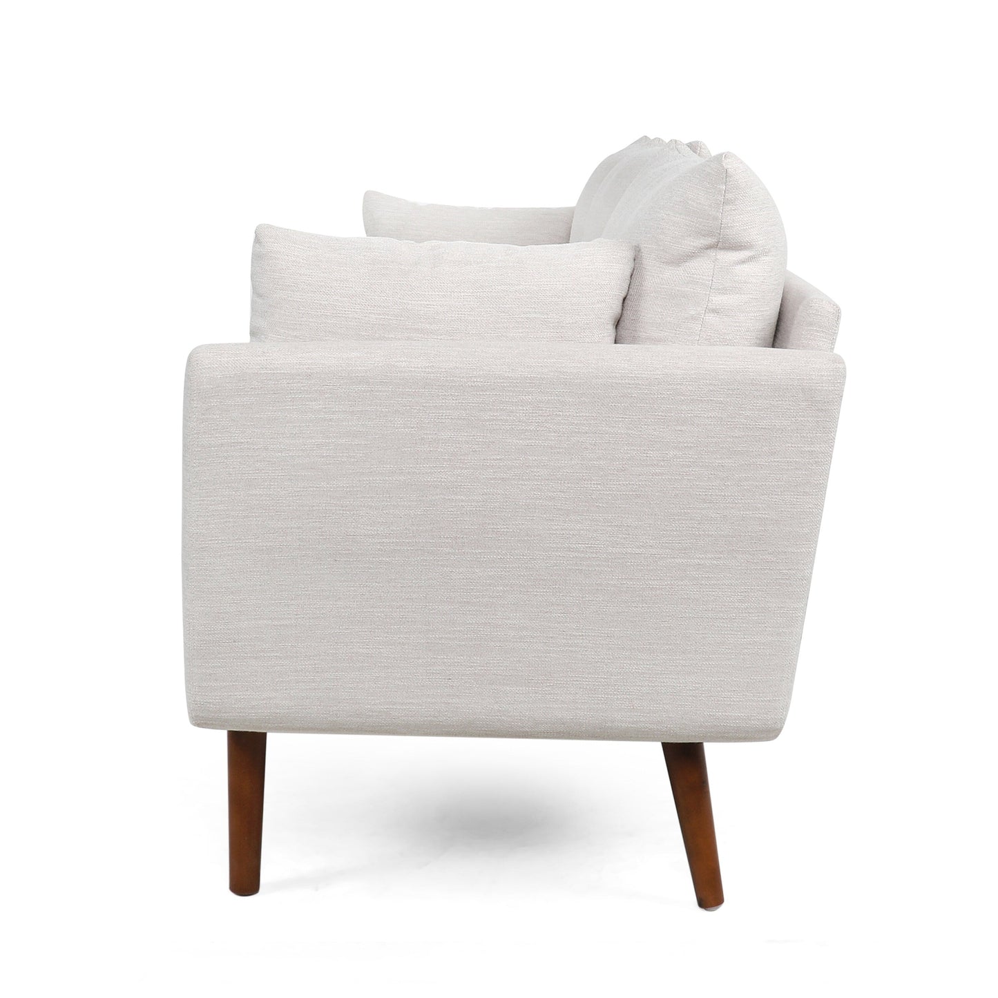 Canapé 3 places beige avec pieds et coussins en bouleau