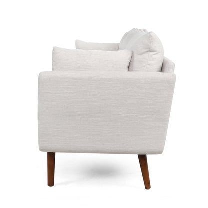Canapé 3 places beige avec pieds et coussins en bouleau