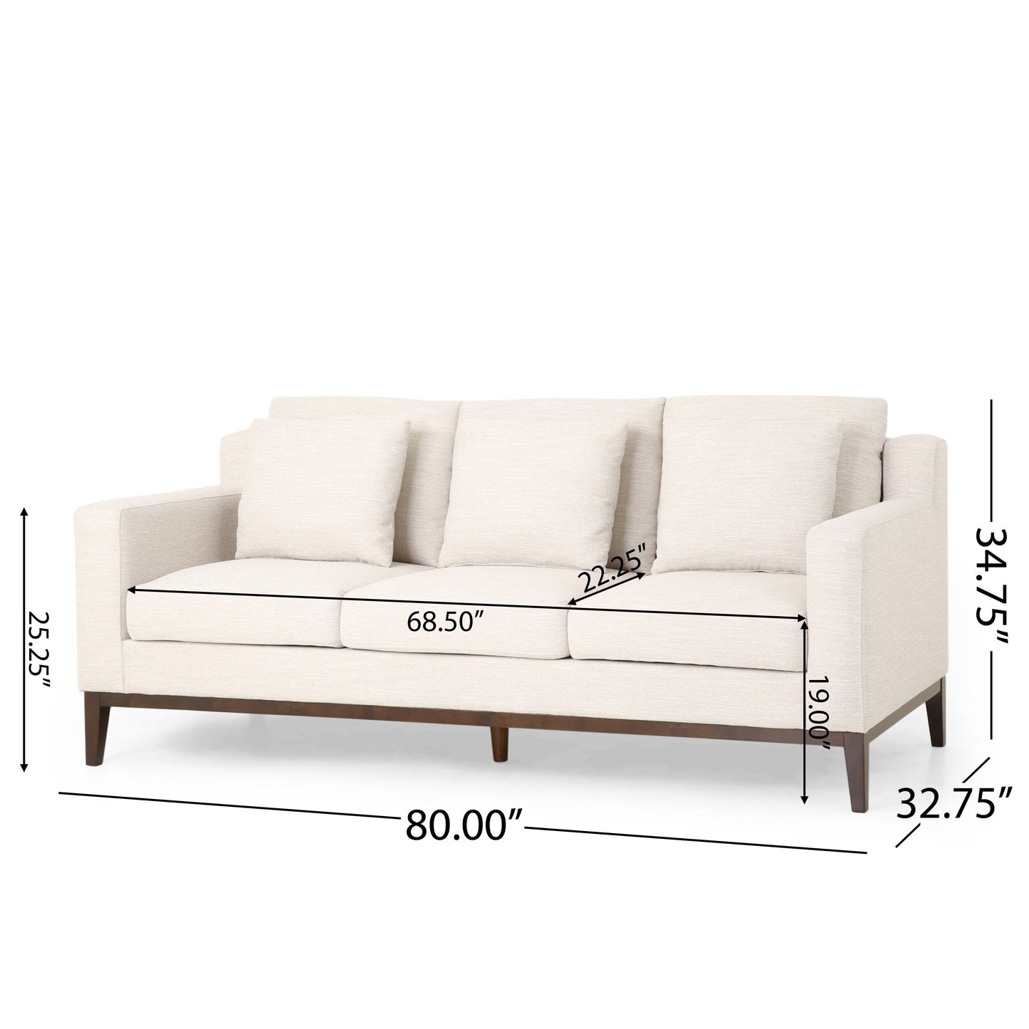 Canapé 3 places beige avec pieds en bois et coussins assortis
