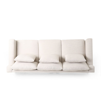 Canapé 3 places beige avec pieds en bois et coussins assortis