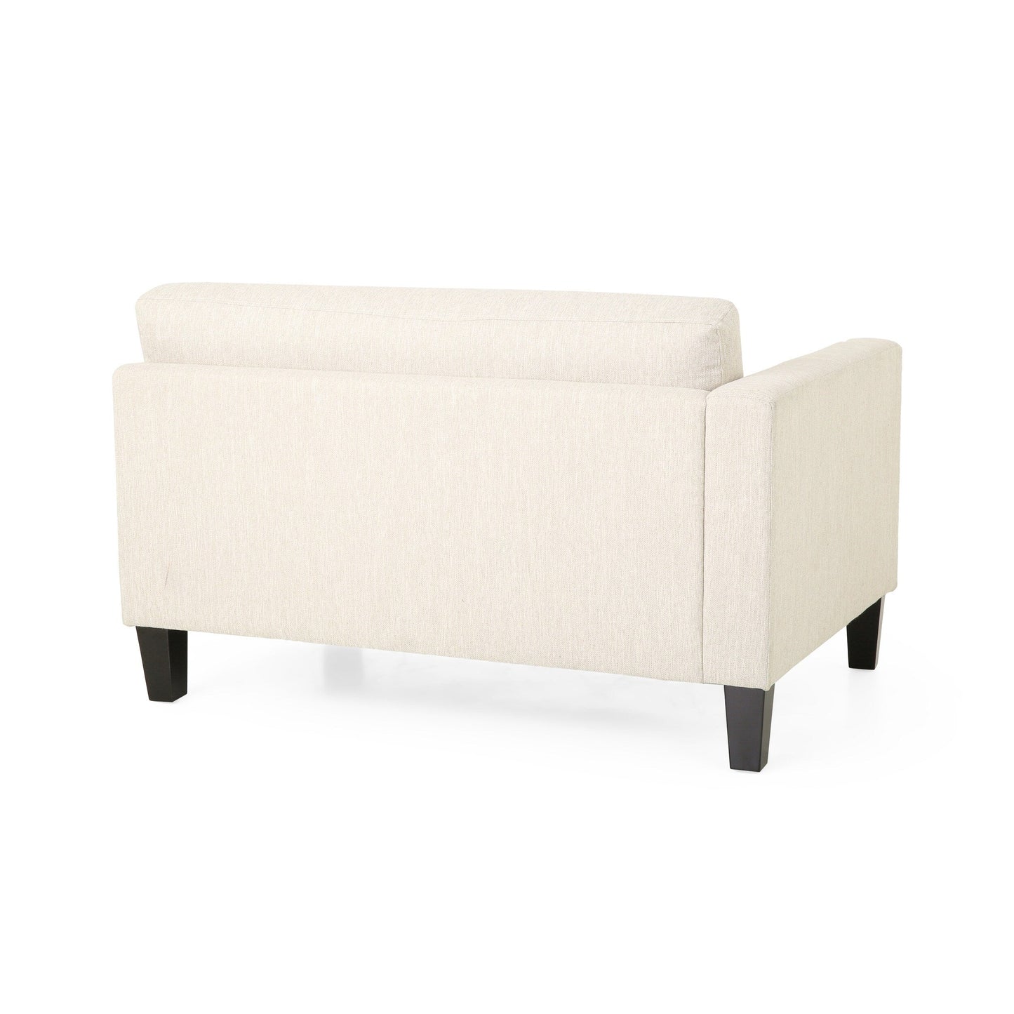 Canapé 3 places beige avec pieds en bois et deux coussins