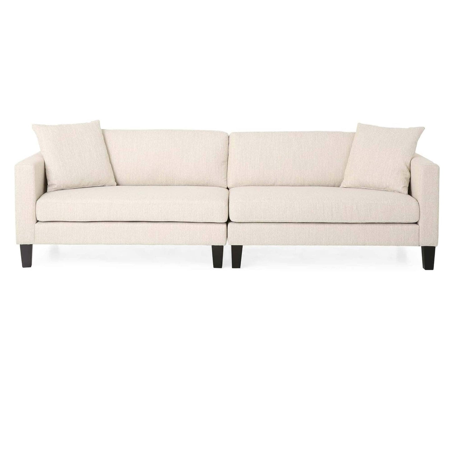 Canapé 3 places beige avec pieds en bois et deux coussins