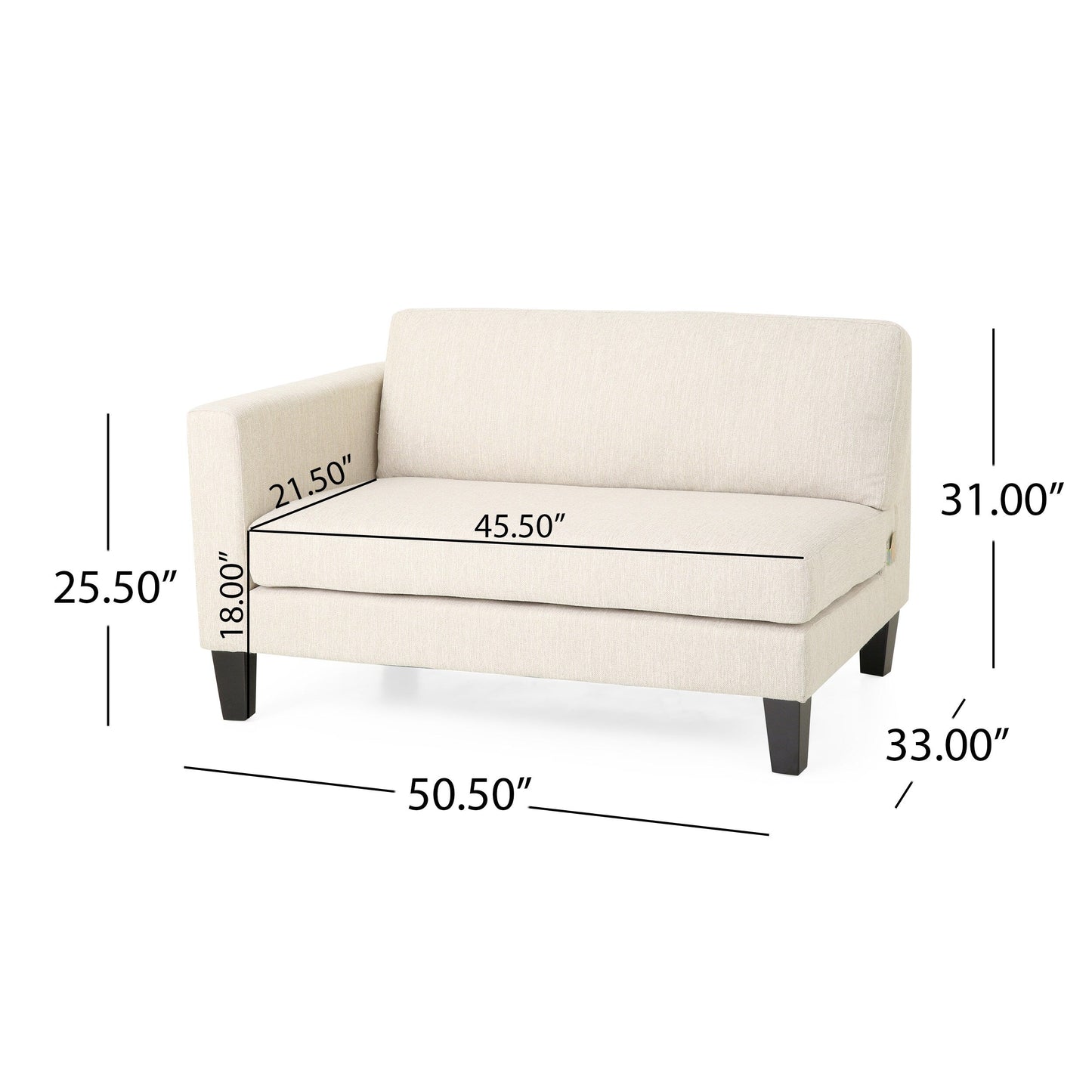 Canapé 3 places beige avec pieds en bois et deux coussins