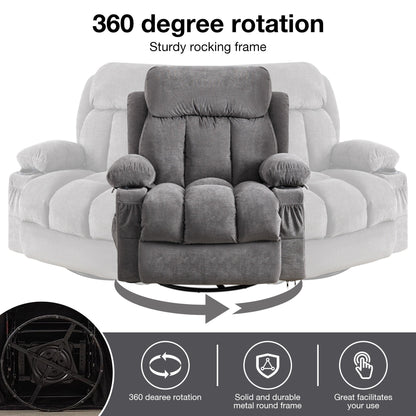 Fauteuil inclinable beige pivotant à 360 degrés avec massage et chauffage, chargement USB, 2 porte-gobelets, grandes poches latérales