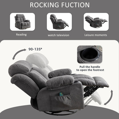 Fauteuil inclinable beige pivotant à 360 degrés avec massage et chauffage, chargement USB, 2 porte-gobelets, grandes poches latérales