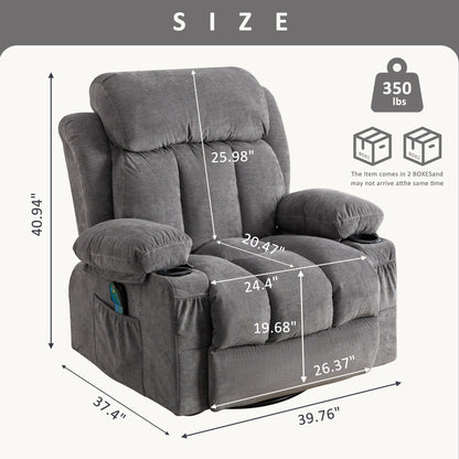 Fauteuil inclinable beige pivotant à 360 degrés avec massage et chauffage, chargement USB, 2 porte-gobelets, grandes poches latérales