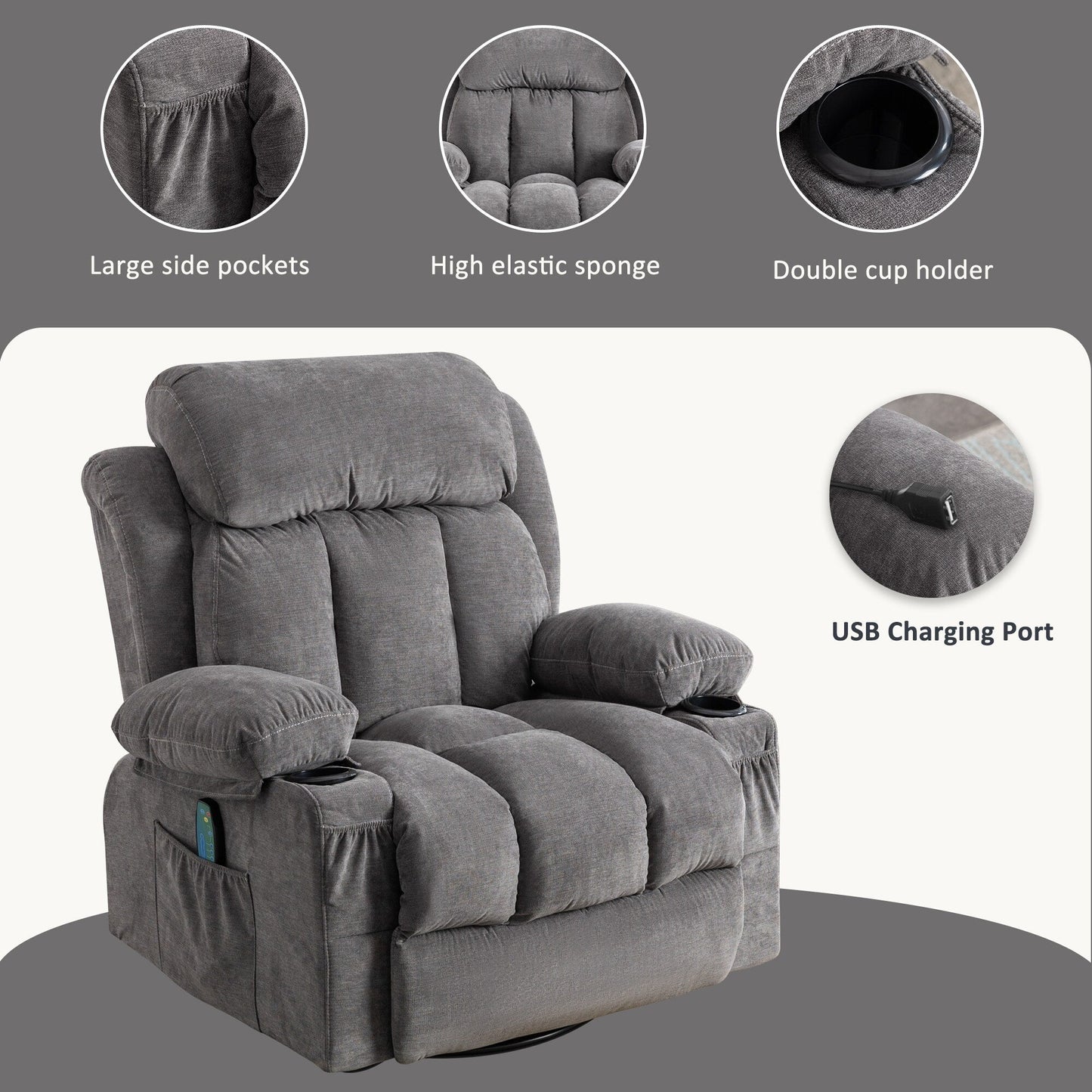 Fauteuil inclinable beige pivotant à 360 degrés avec massage et chauffage, chargement USB, 2 porte-gobelets, grandes poches latérales