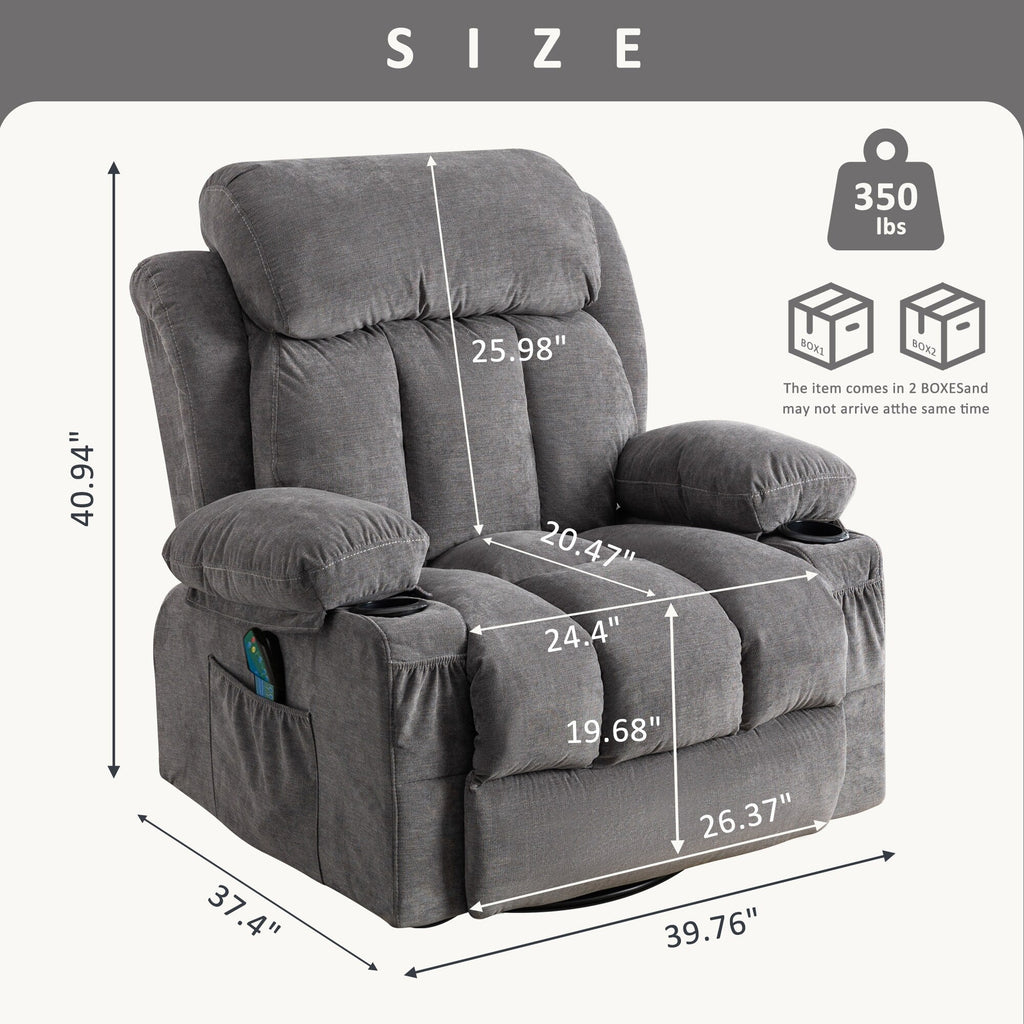 Fauteuil inclinable pivotant à 360° beige avec massage chauffant, ports de charge USB, 2 porte-gobelets et grandes poches latérales