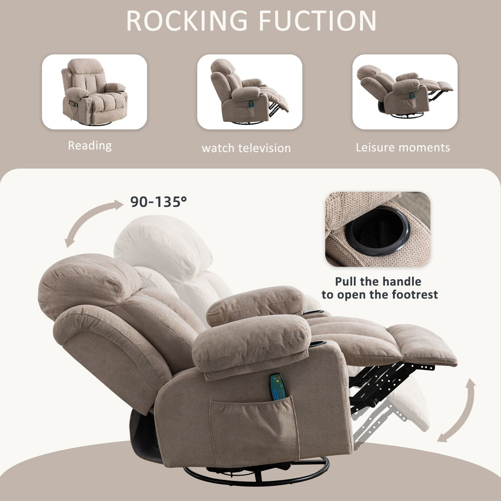 Fauteuil inclinable pivotant à 360° beige avec massage et chauffage, chargement USB, deux porte-gobelets et grandes poches de rangement