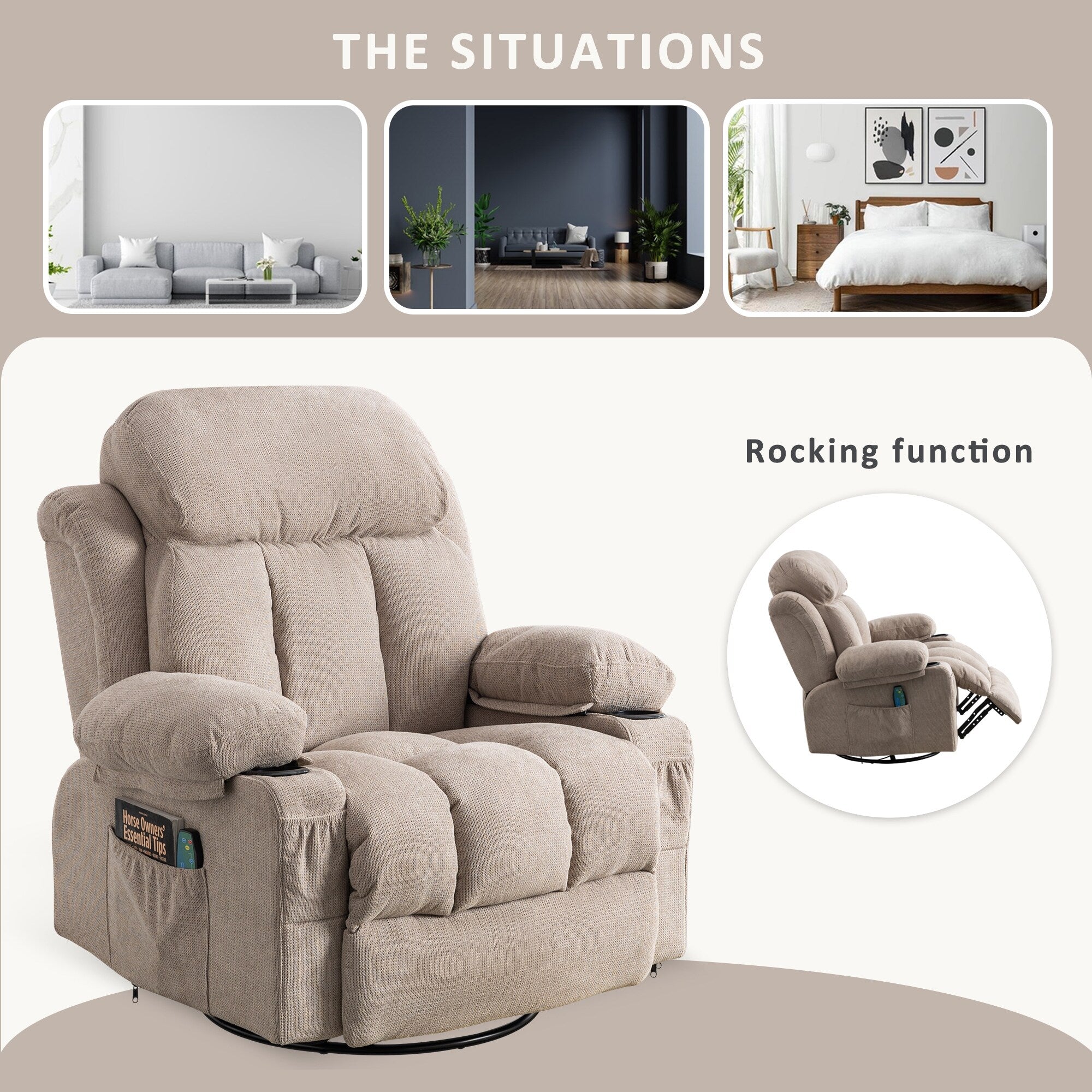 Fauteuil inclinable pivotant à 360° beige avec massage et chauffage, chargement USB, deux porte-gobelets et grandes poches de rangement