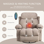 Fauteuil inclinable pivotant à 360° beige avec massage et chauffage, chargement USB, deux porte-gobelets et grandes poches de rangement