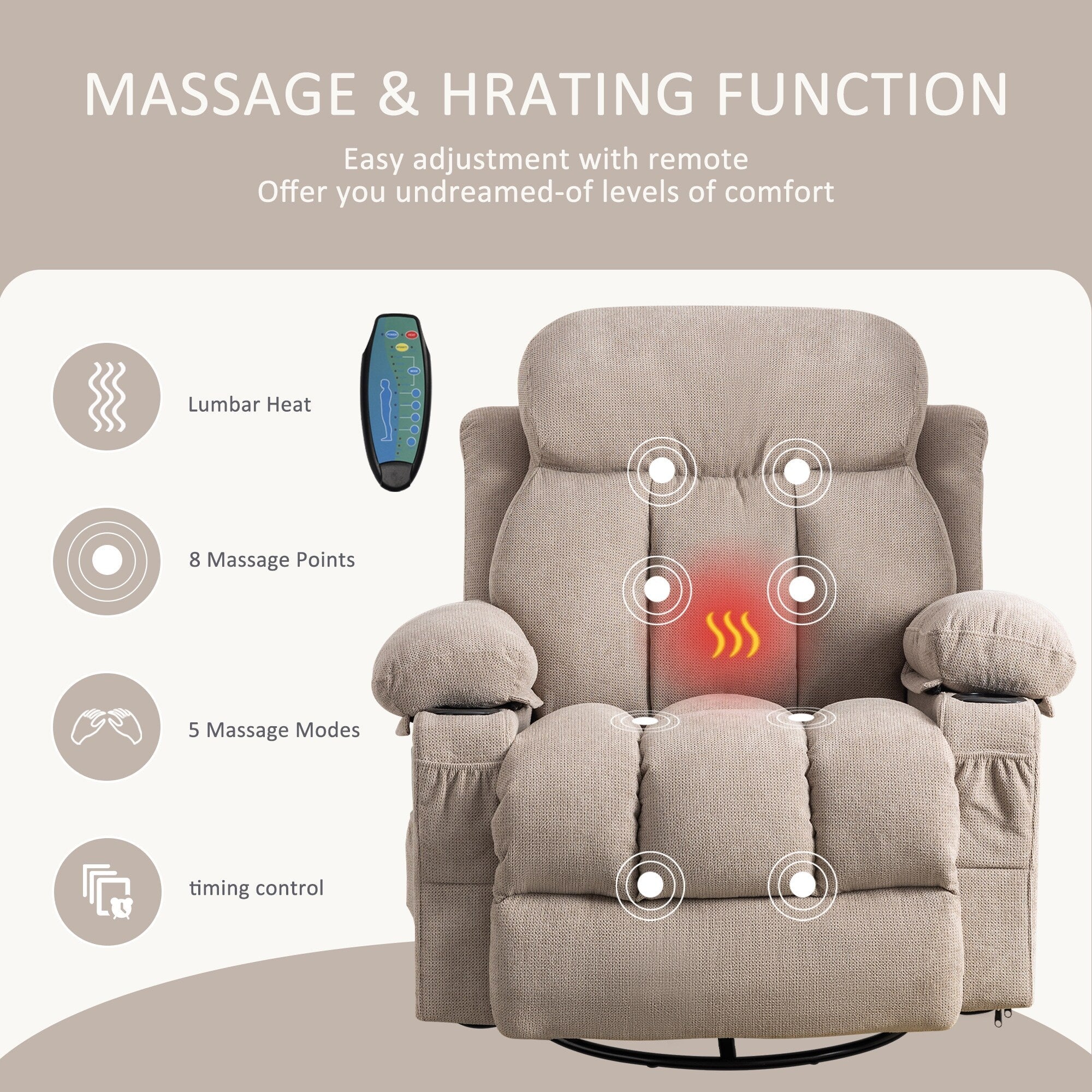 Fauteuil inclinable pivotant à 360° beige avec massage et chauffage, chargement USB, deux porte-gobelets et grandes poches de rangement