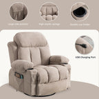 Fauteuil inclinable pivotant à 360° beige avec massage et chauffage, chargement USB, deux porte-gobelets et grandes poches de rangement