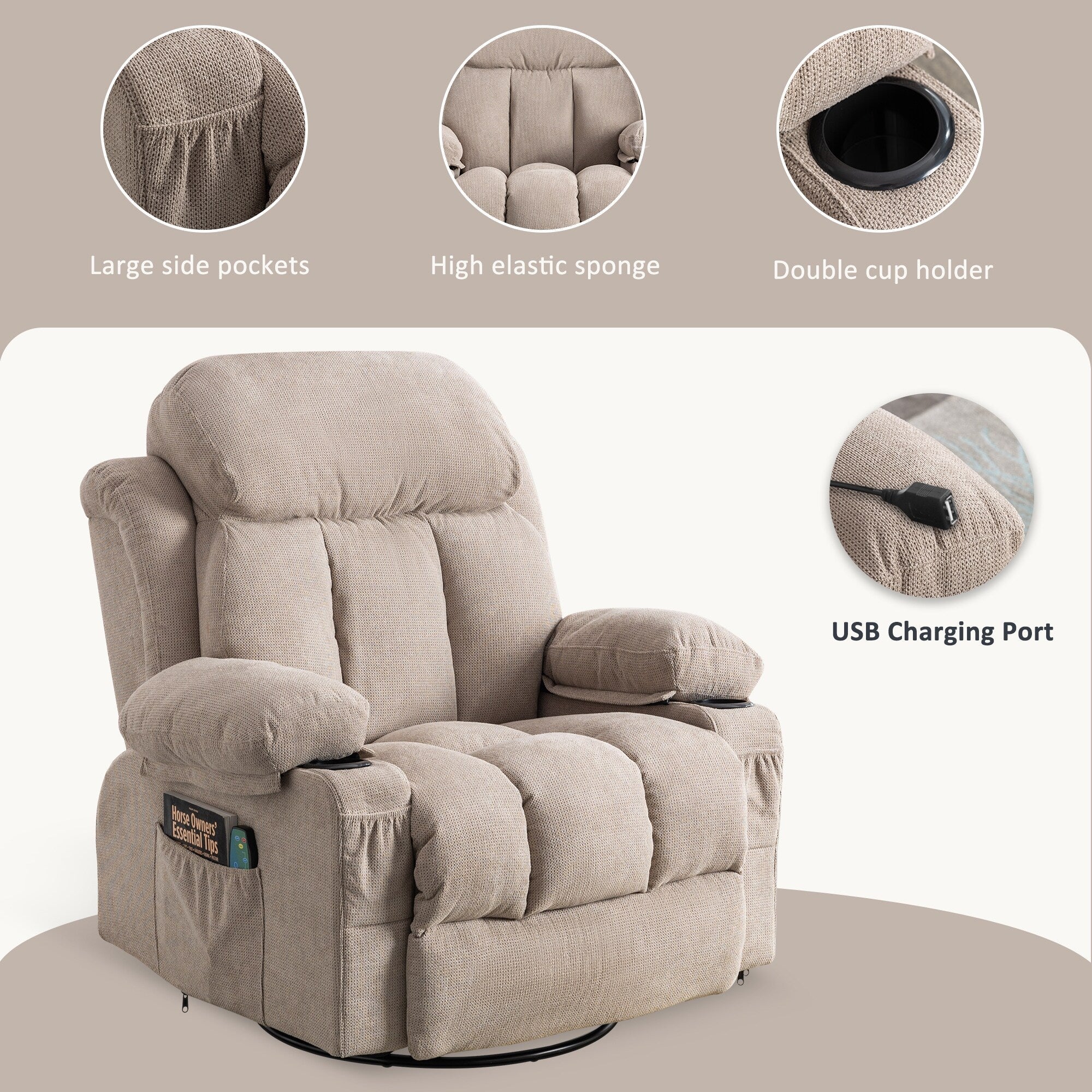 Fauteuil inclinable pivotant à 360° beige avec massage et chauffage, chargement USB, deux porte-gobelets et grandes poches de rangement