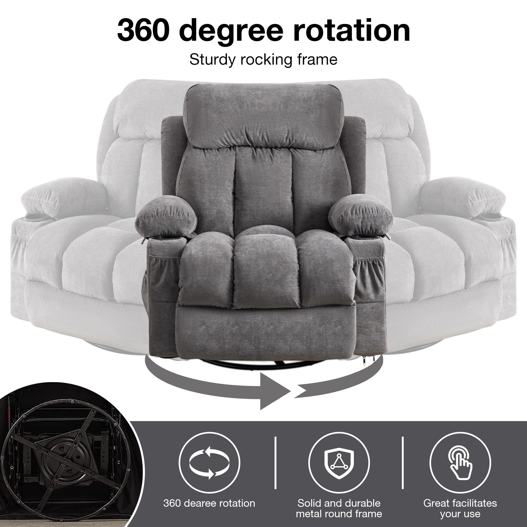 Fauteuil inclinable pivotant à 360° beige avec massage et chauffage, chargement USB, deux porte-gobelets et grandes poches de rangement