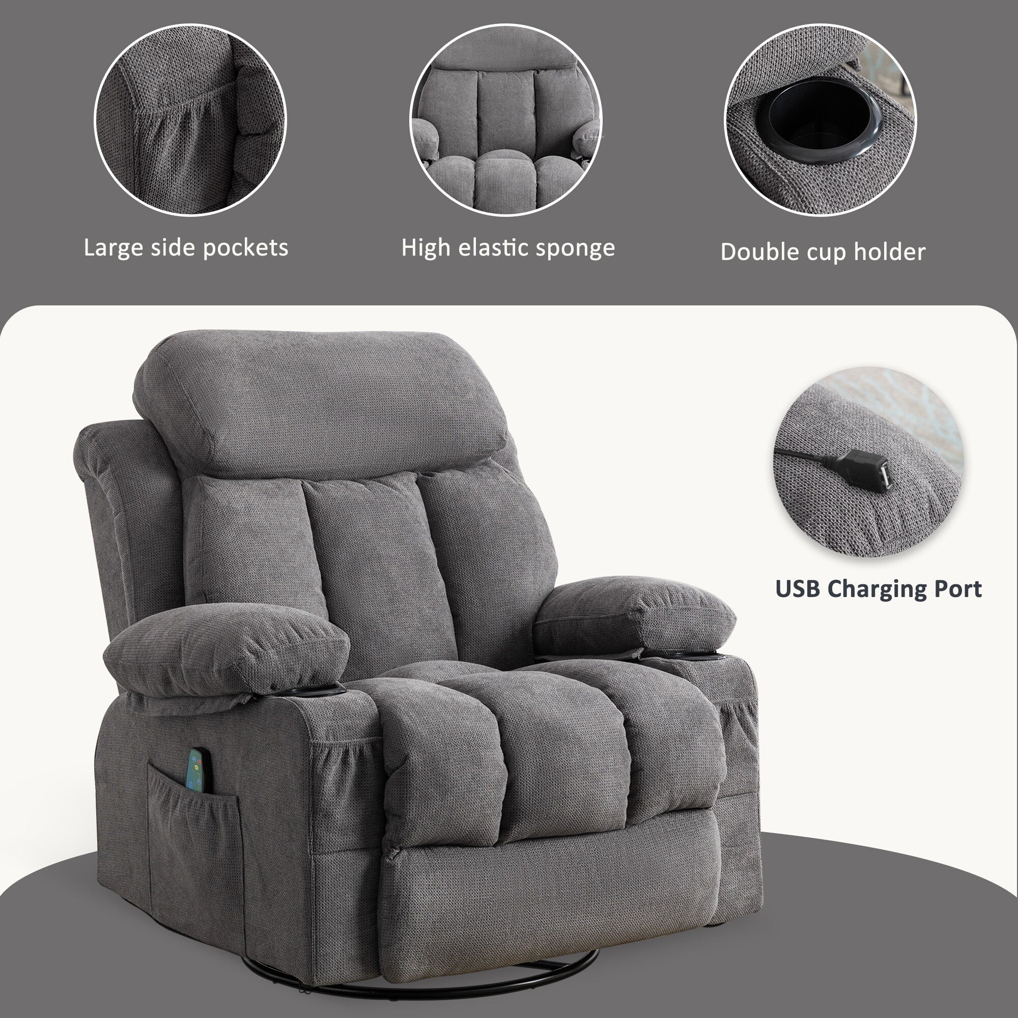 Fauteuil inclinable pivotant à 360° beige avec massage et chauffage, chargement USB, deux porte-gobelets et grandes poches de rangement