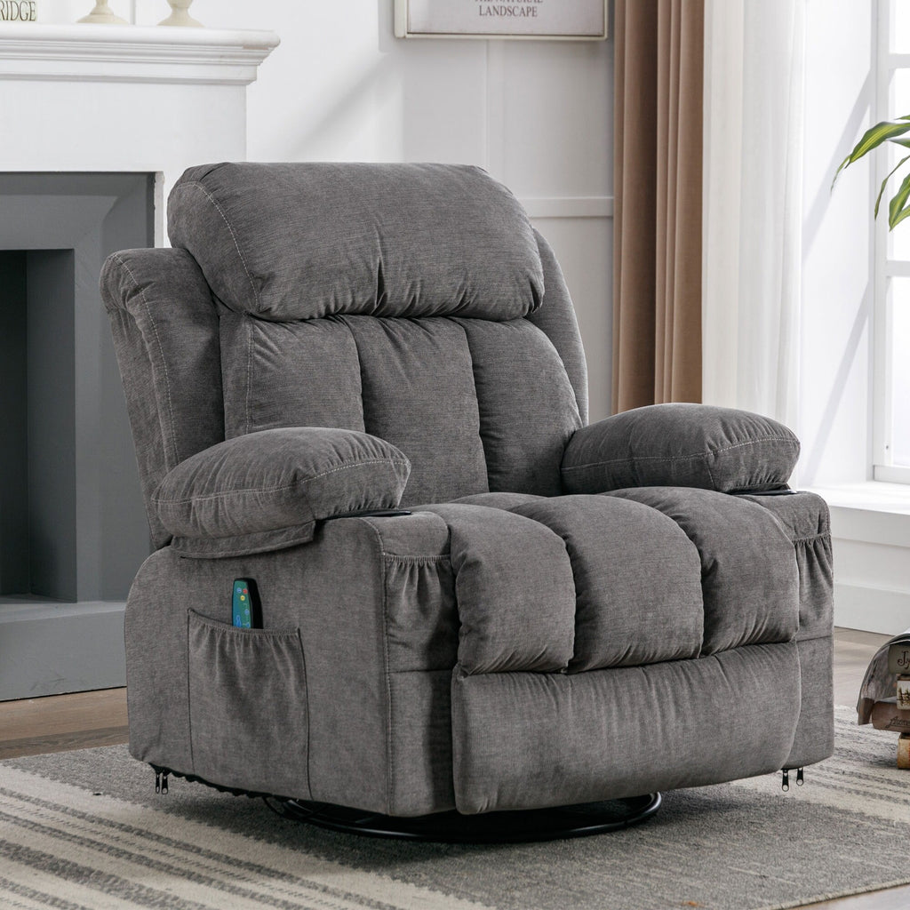 Fauteuil inclinable pivotant à 360° beige avec massage et chauffage, chargement USB, deux porte-gobelets et grandes poches de rangement