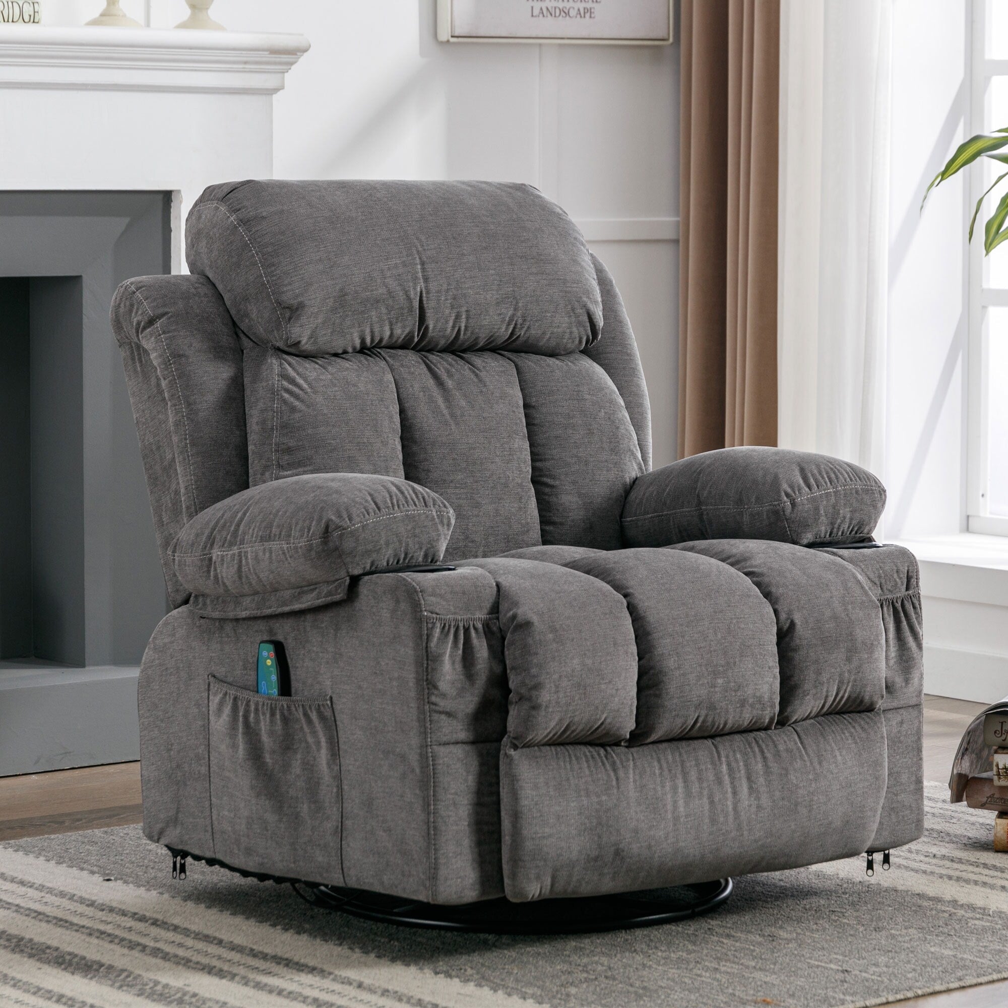 Fauteuil inclinable pivotant à 360° beige avec massage et chauffage, chargement USB, deux porte-gobelets et grandes poches de rangement