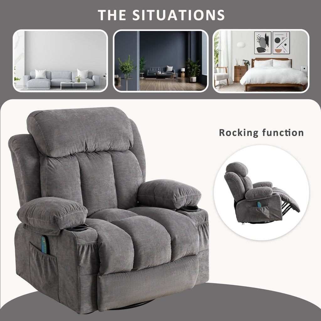 Fauteuil inclinable pivotant à 360° beige avec massage et chauffage, chargement USB, deux porte-gobelets et grandes poches de rangement