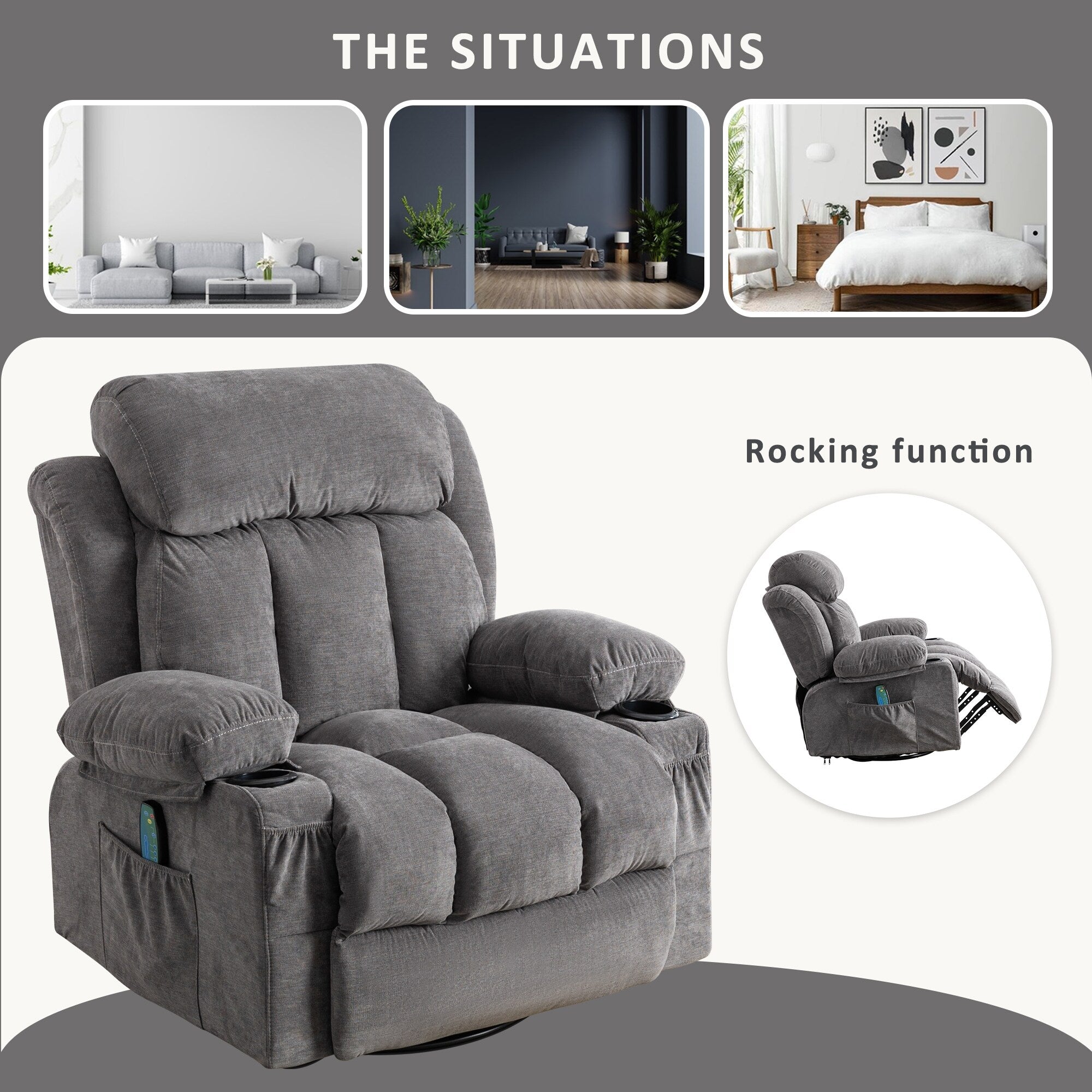 Fauteuil inclinable pivotant à 360° beige avec massage et chauffage, chargement USB, deux porte-gobelets et grandes poches de rangement